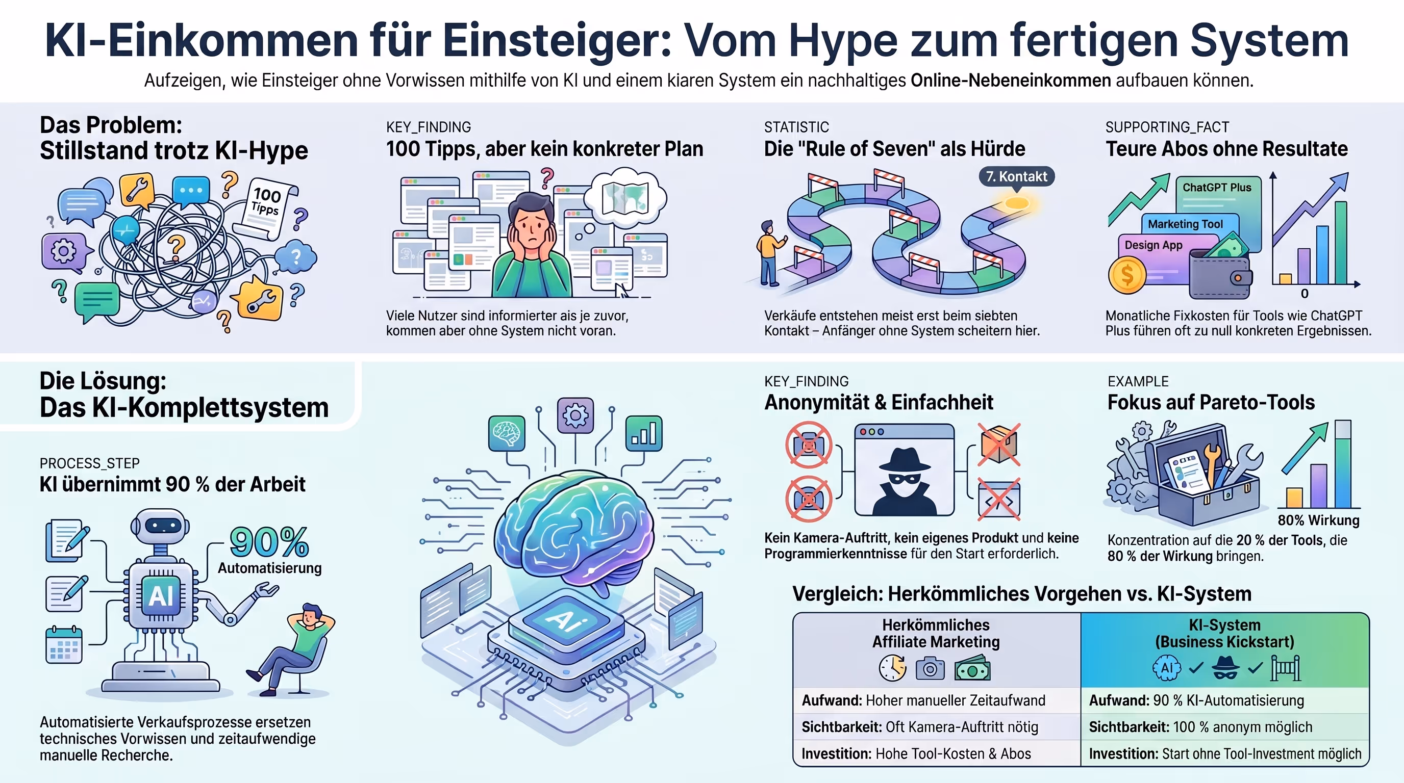 Infografik: KI-Einkommen für Einsteiger – vom Hype zum fertigen System. Das Problem (100 Tipps ohne konkreten Plan, die 7er-Regel als Hürde, teure Abos ohne Resultate), die Lösung (KI-Komplettsystem übernimmt rund 90 % der Arbeit, anonym und einfach, Fokus auf die wirksamen 20 % nach dem Pareto-Prinzip) und ein Vergleich zwischen herkömmlichem Affiliate-Marketing und dem KI-System.