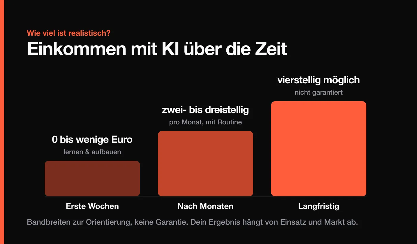 Wie viel Geld man mit KI verdienen kann: realistische Einkommens-Bandbreiten über die Zeit