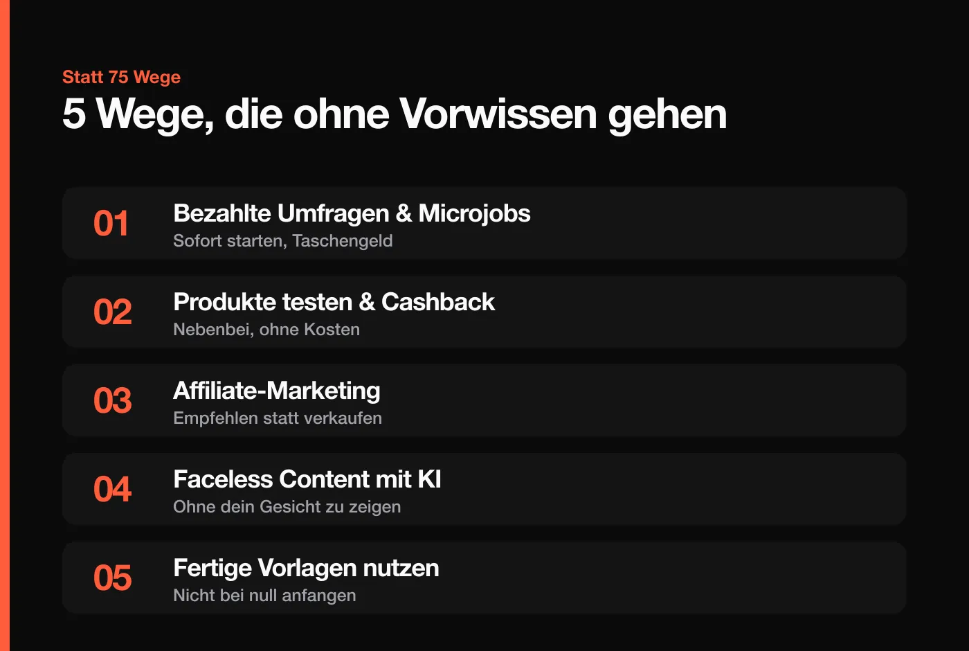 Statt 75 Wege: nur die wenigen, die für Anfänger ohne Vorkenntnisse wirklich funktionieren