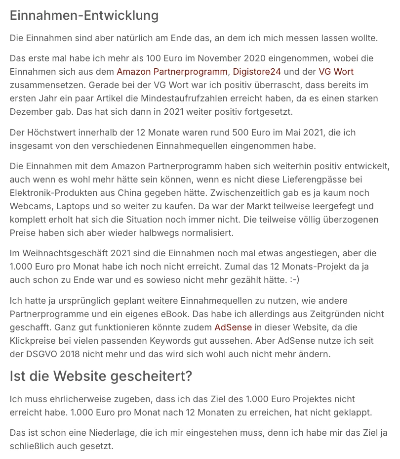 Screenshot des Rueckblicks von Peer Wandiger mit der Ueberschrift Ist die Website gescheitert und dem Satz dass 1.000 Euro pro Monat nicht geklappt haben